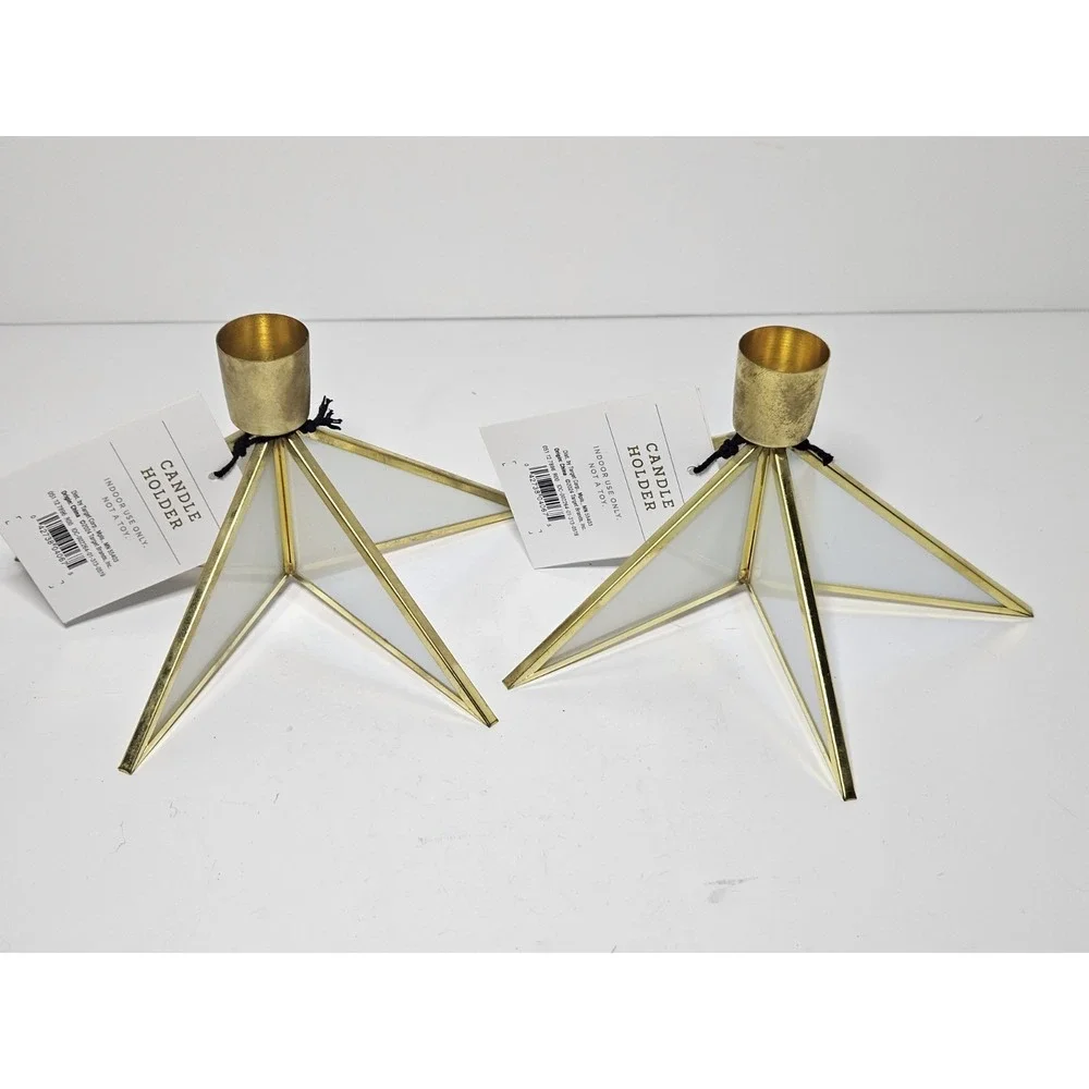 Set of‎ 2 Target Star Taper Candle Holders Gold Brass Leaded Glass Christmas NWT